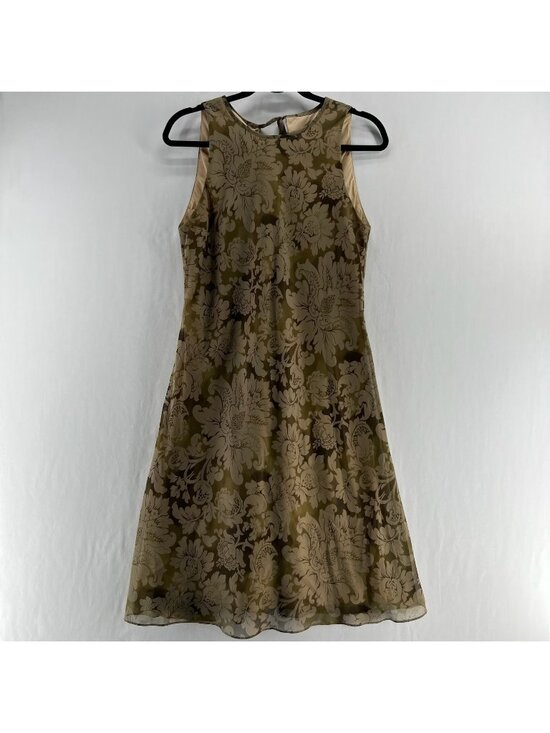 Donna Ricco Dresses & Skirts - Donna Ricco Floral Chiffon A-Line Dress Womens 10 Tie Keyhole Sleeveless Vtg Tan